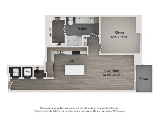 Floor plan for 1 bed, 1 bath, 862 sqft